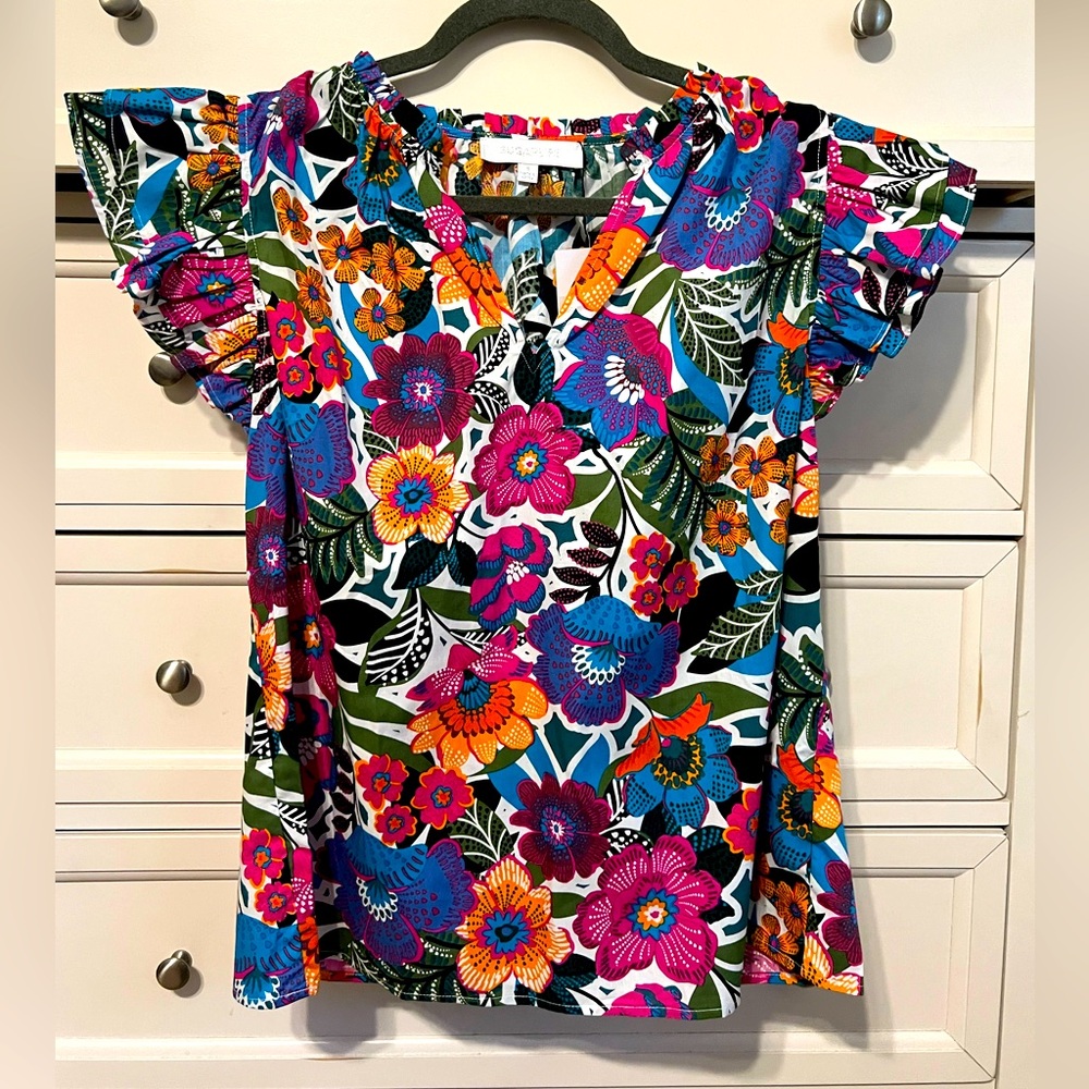Floral multi color ruffle sleeve blouse